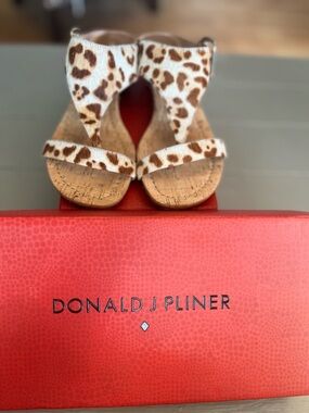 Donald J. Pliner White and Brown Leopard Cork Wedge Sandals